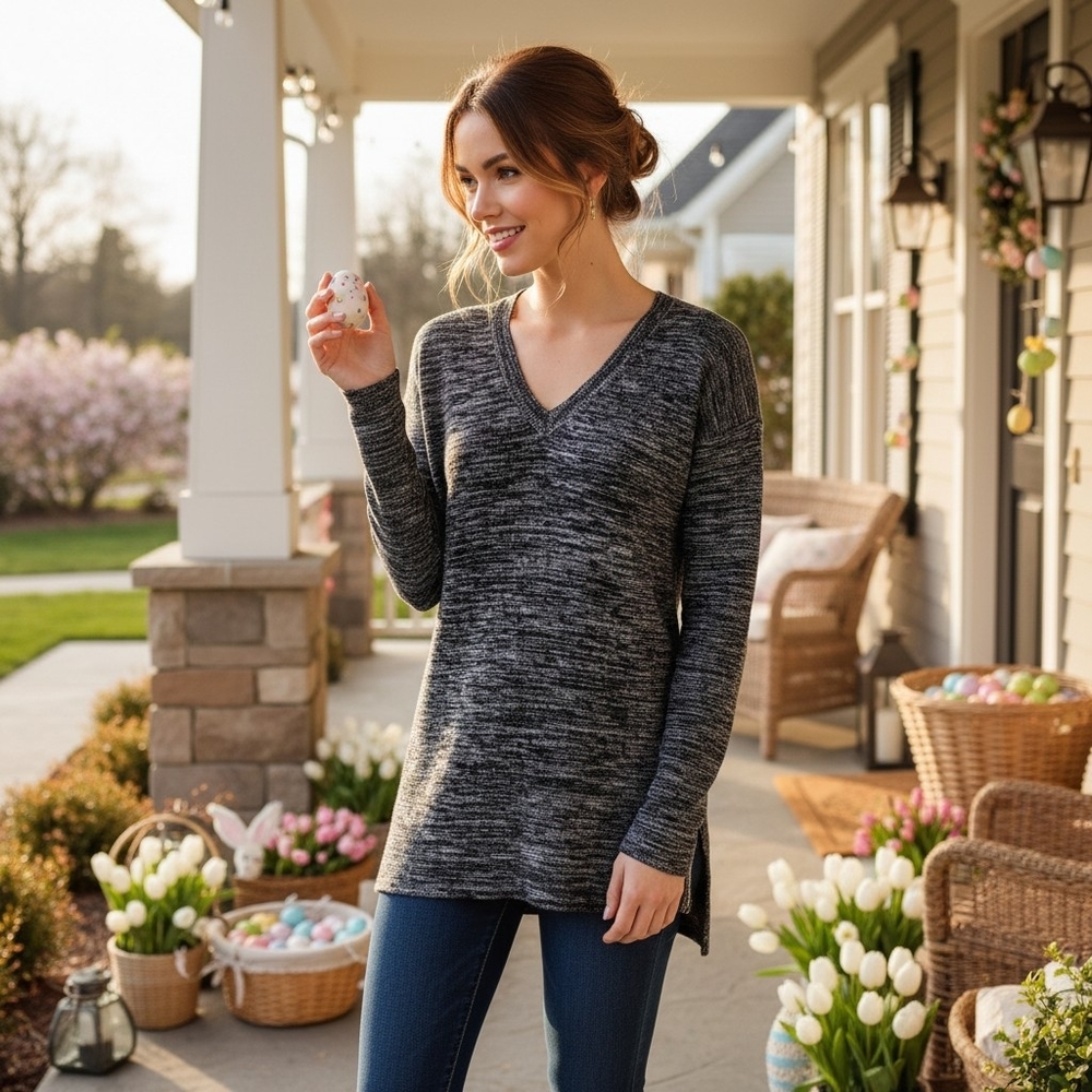 NWOT Ellen Tracy Black & Ivory Heathered V-Neck Knit Tunic Sweater – Size M